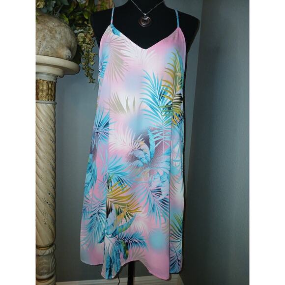 Caramella Dresses & Skirts - Caramella Dress Womens Medium Pink Teal Palm Leaf Print Sleeveless Halter Neck